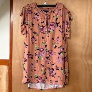 Buffalo David Bitton Floral Tie Neck Blouse Size M Boho Short Sleeve Top